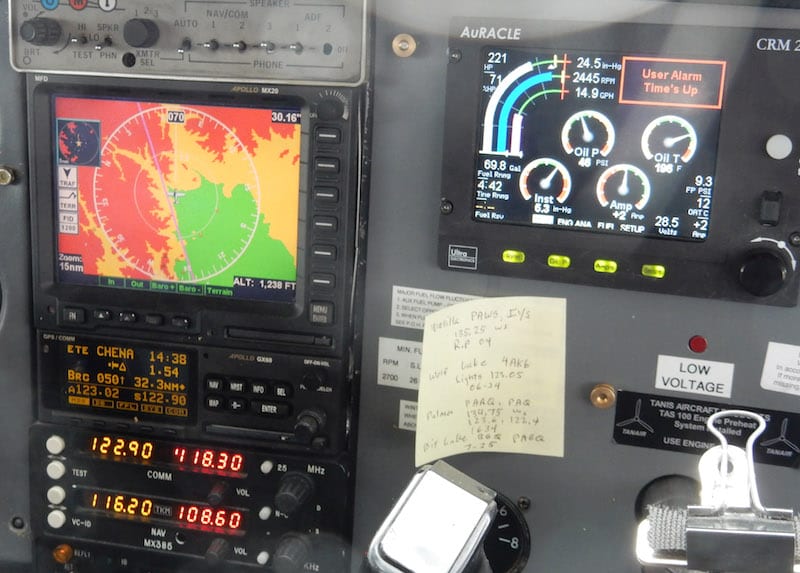 The terrain warning display in a Cessna 207A on a flight to Chena Hot Springs shows the rising ground en route to the resort.