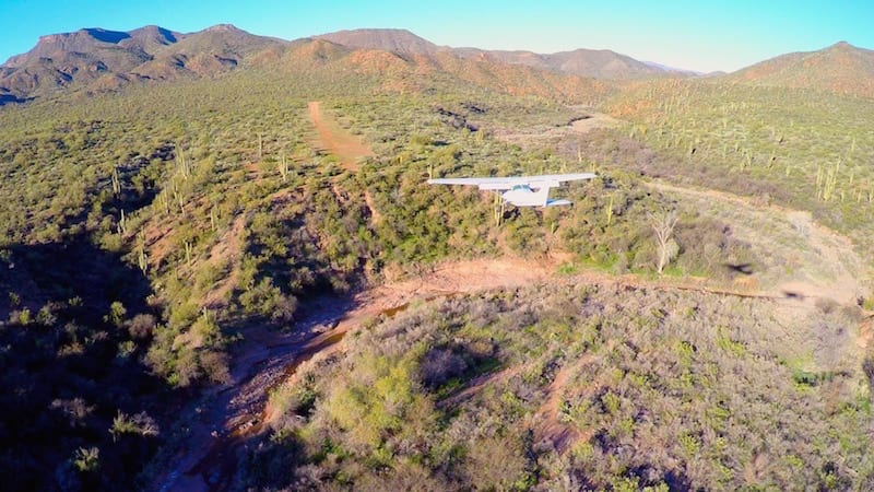 Cessna 182 on approach to a one-way airstrip.