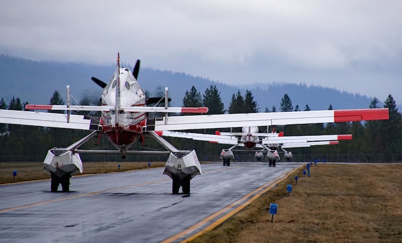 Three Air Tractor Fire Boss amphibians towered above the Deer Park ramp as they taxied for takeoff. Photo by Frederick A. Johnsen