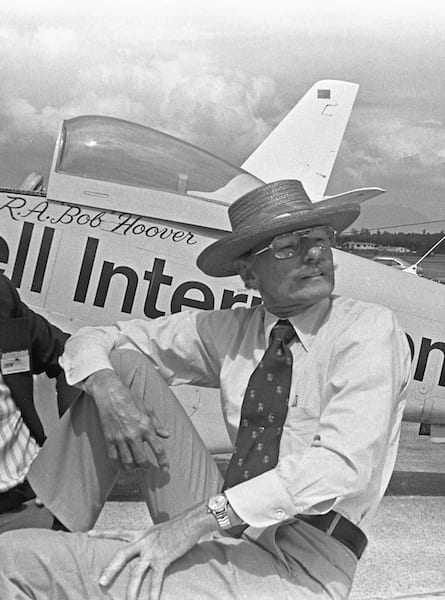 Bob Hoover watched the air show at Abbotsford, BC, in the mid-1970s, his famous yellow P-51 parked behind him. (Photo by Frederick A. Johnsen)