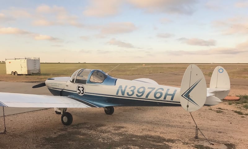 Despite the daylong efforts of two local mechanics, Race 53 was not able to get back in the race. As the sun sets, she’s tied down awaiting more work, and the pilots had to abandon her and return home—by car. (Photo by William E. Dubois)
