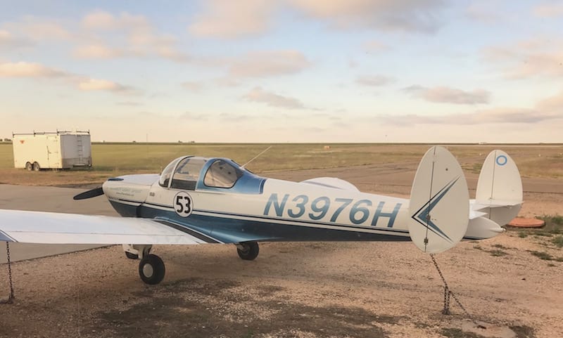 Despite the daylong efforts of two local mechanics, Race 53 was not able to get back in the race. As the sun sets, she’s tied down awaiting more work, and the pilots had to abandon her and return home—by car. (Photo by William E. Dubois) 