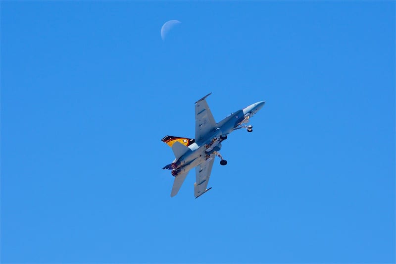 This Royal Canadian Air Force CF-18 Hornet heads for the moon immediately after takeoff as Captain Ryan Kean begins his demonstration.