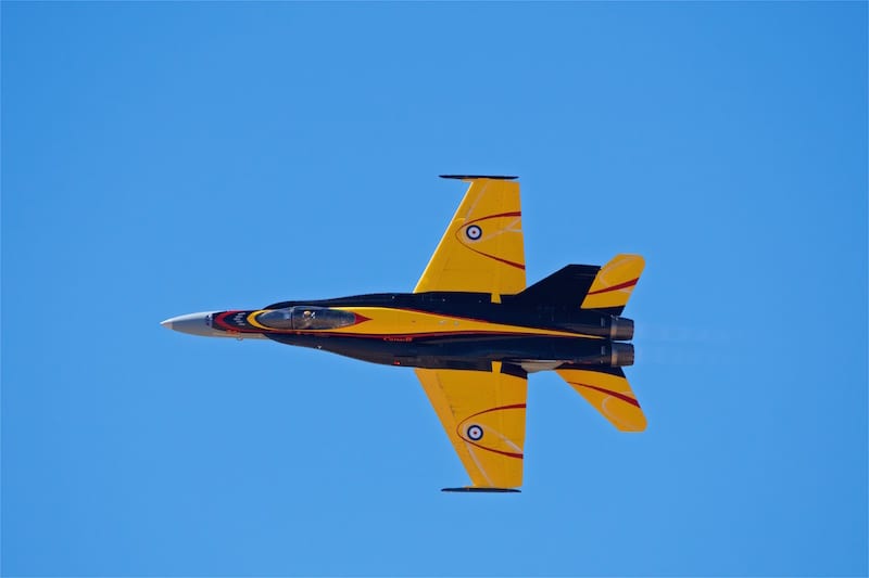 This Royal Canadian Air Force CF-18 Hornet features a custom paint scheme to commemorate the British Commonwealth Air Training Plan that began 75 years earlier to train aircrew during World War II.