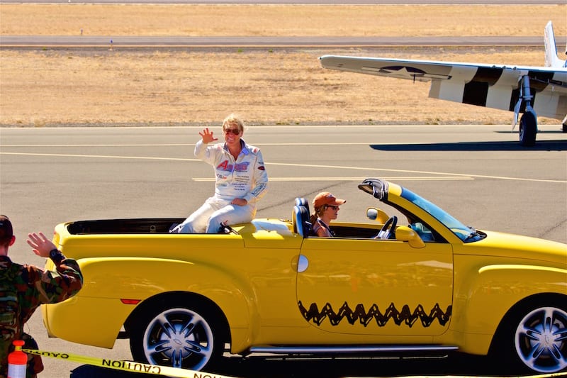 Airshow performers, like Vicky Benzing, were treated to a ride down the flightline in the Charlie Brown-mobile.  The airport here was renamed to honor Charles Schulz, the creator of the Peanuts comics.