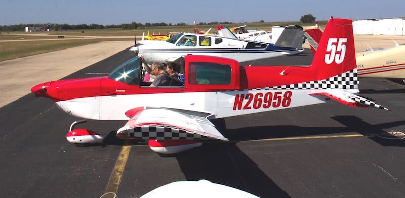 Mike Ely in the left-hand seat, Race 55 readies for the final run of the season: The Rocket 100 at Taylor, Texas. Mike piloted the Grumman AA5A Cheetah around the course at 149.18 mph, finishing the short course in 44 minutes, 13 seconds. (Photo by Lisa F. Bentson)