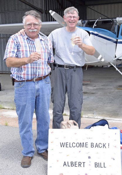 Trip pilots Albert Finocchiaro (l) and Bill Walker celebrate the return to KMAO in Marion, S.C.